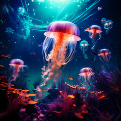 Obraz na płótnie Canvas Surreal underwater scene with glowing jellyfish and tropical fish.