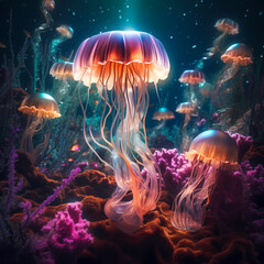 Surreal underwater scene with glowing jellyfish and tropical fish.