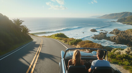 Happy couple love and family drive a classic car with amazing sea ocean and beach view from road along the sea in summer road trip in holiday