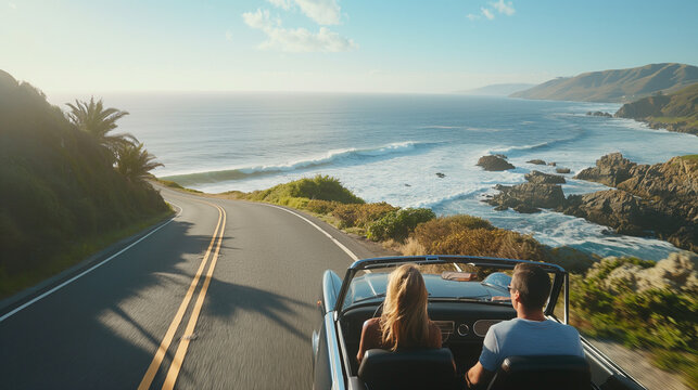 Happy couple love and family drive a classic car with amazing sea ocean and beach view from road along the sea in summer road trip in holiday