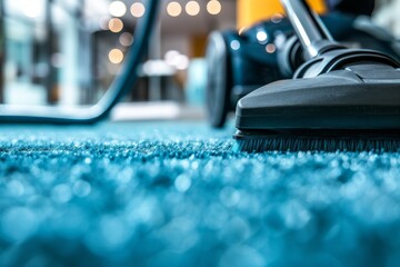 Janitor vacuuming blue carpet in close up