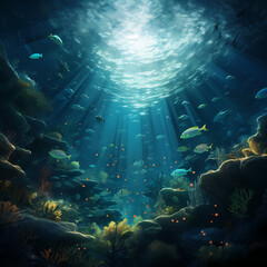Fototapeta na wymiar Surreal underwater scene with marine life.
