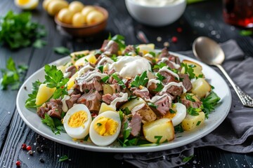 Mayonnaise dressed boiled potato salad beef and eggs on a white plate over dark wood