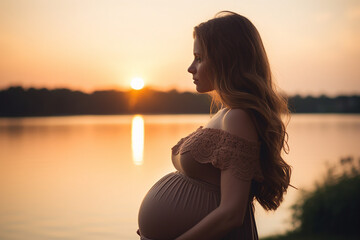 Generative ai image picture of adorable charming pregnant young woman mommy enjoy beautiful view sunset - obrazy, fototapety, plakaty