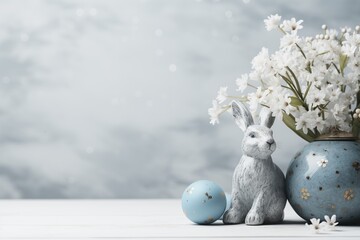 Easter festive composition with bunny statue and decorations on blue background
