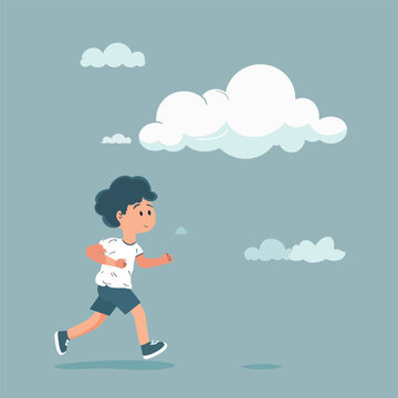 flat vector of a cartoon running boy and cloud