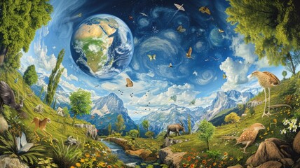 fantastical landscape of Earth with vibrant ecosystems and wildlife, emphasizing the need for biodiversity conservation