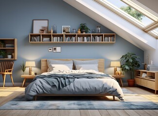 A modern bedroom with a cozy and comfortable atmosphere. The room has a large bed with a wooden headboard and a blue duvet cover. The room also has a wooden bookshelf, a desk, and a chair.
