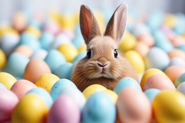 Cute Easter bunny with painted eggs and copy space background. Concept and idea of happy Easter day.