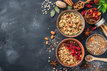 The idea of homemade dishes that are both healthy and delicious such as granola with nuts and dried fruits displayed with the ingredients for its preparation - obrazy, fototapety, plakaty