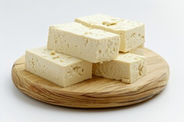 Tofu closeup on wooden board isolated