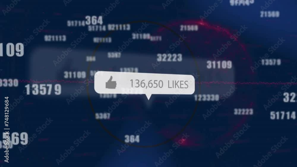 Poster animation of social media likes notification over processing data on dark background