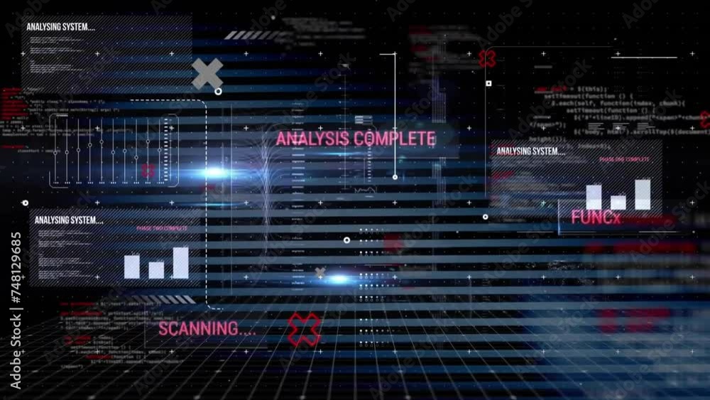 Poster animation of scanning, analysis complete text over charts and processing data on black interface