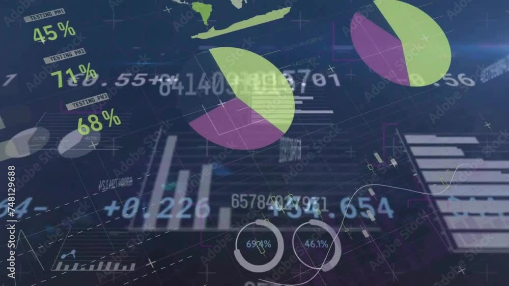 Aufkleber animation of processing data over charts and graphs on dark background