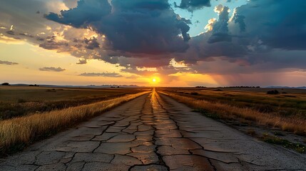 Sunset over a cracked road leading to the horizon. serene sky, endless journey concept picture. warm, inviting nature photography. AI