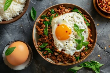 Top view of cooked rice topped with a fried egg and stir fried minced beef with garlic basil leaf and chili sauce Pad Kra pao - obrazy, fototapety, plakaty
