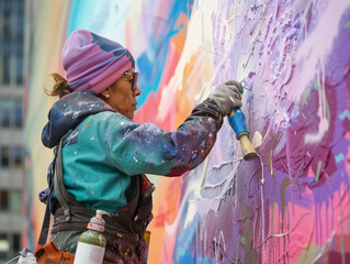 Obraz premium A Photo Of an Artist Creating Murals With Eco-Friendly Paints On City Walls