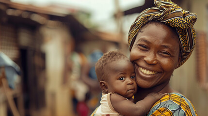An African mother with her son in her arms in an alley in her village
