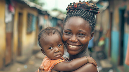 An African mother with her son in her arms in an alley in her village