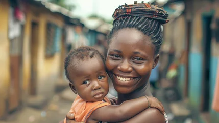 Foto auf Acrylglas Antireflex Heringsdorf, Deutschland An African mother with her son in her arms in an alley in her village