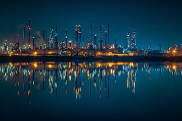 Obraz premium The glow of an oil and gas refinery reflecting on water at night a mirror to energys dualities