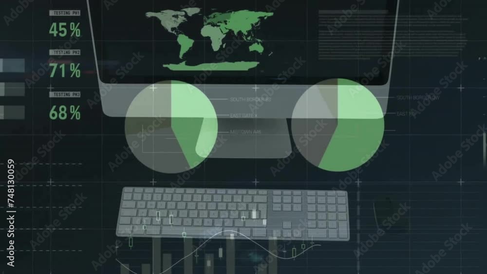 Aufkleber animation of computer monitor and keyboard over charts and graphs processing on black background