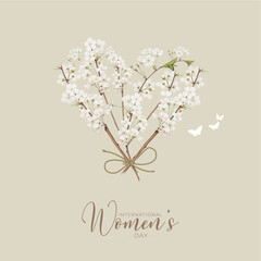Happy Women's Day Post and Greeting Card. 8 March - International Women's Day Celebration with Text and heart with flowers. Vector Illustration