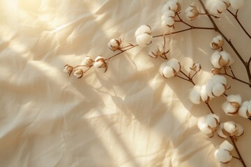 White cotton flowers with sun glare on beige background Delicate cotton beauty Natural organic fiber for fabric production