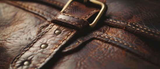 This detailed close-up showcases the intricate fastenings and seams of a vintage brown leather handbag. The worn texture and craftsmanship are evident in the close examination of this accessory.