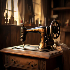 Fototapeta na wymiar Vintage sewing machine on a wooden table.