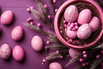 Plate with painted Easter eggs on light background