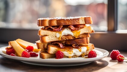 Homemade French toast sandwich with bacon, drizzle with maple syrup on top. With copy space; healthy breakfast concept; sweet and savory concept. white plate. by the window. Daylight.