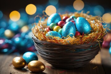Basket with painted blue Easter eggs and willow branches on light wooden background