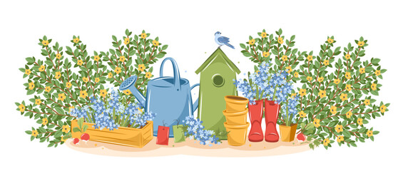 Gardening, growing plants, agricultural tools. Hello spring garden. Vector illustration.