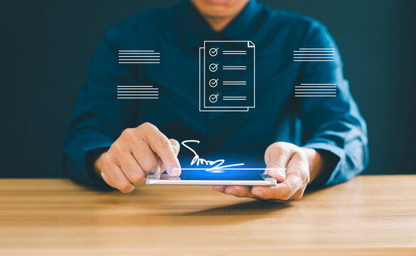 electronic signature Electronic signatures, office document management Businessman signing documents on virtual screen
