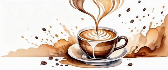 A cup of coffee with latte art. Coffee and beans. Brown smeared marks. Expressing the scent of coffee. Isolated on a white background. Illustration in watercolor style.