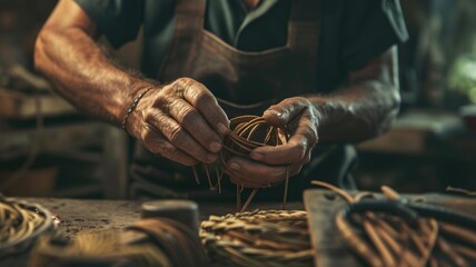 Craftsman's Hands with Leather Straps for leather bracelet, highlighting the craftsmanship behind unique accessories - obrazy, fototapety, plakaty