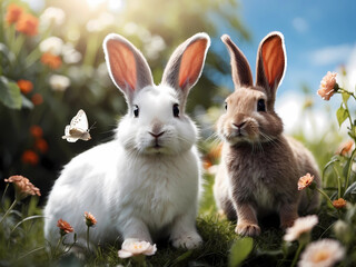 Obraz premium Beautiful cute fluffy bunny on green field