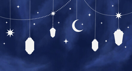 Arabic traditional Ramadan Kareem eastern lanterns garland. Muslim ornamental hanging lanterns, stars and moon vector illustration. Islamic oriental garland. Muslim holiday lantern traditional © elif