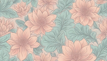 floral drawing vintage wallpaper pattern in delicate soft colors on a green background