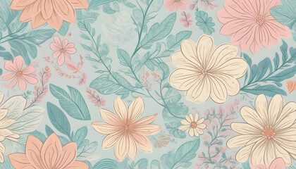 floral drawing vintage wallpaper pattern in delicate soft colors on a green background