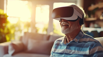 Senior man lifestyle at home with modern technology concept. Elder man wearing virtual reality headset for therapy by metaverse tech online. Older relax on day play vr game, generative ai
