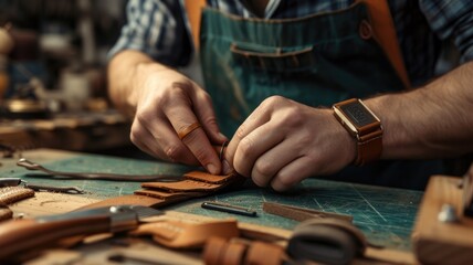 Craftsman's Hands with Leather Straps for leather bracelet, highlighting the craftsmanship behind unique accessories - obrazy, fototapety, plakaty