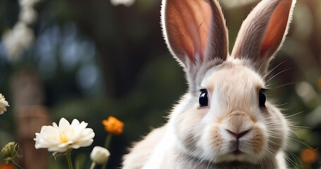 Beautiful cute fluffy bunny on green field