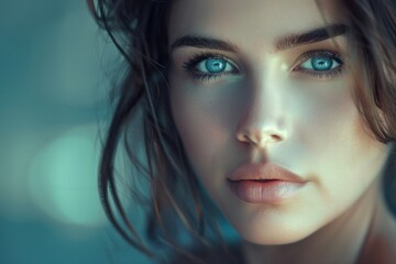 Close-up portrait of a stunning woman with piercing blue eyes, freckles, and a soft makeup look studio lighting.