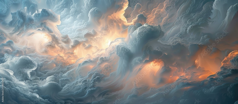 Poster the painting depicts a sky filled with billowing clouds of various shapes and sizes. the clouds are 