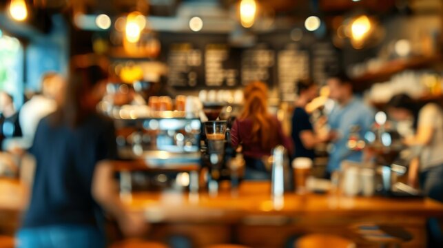 An intentionally unfocused image capturing the atmosphere of a crowded cafe, with people interacting and enjoying drinks.