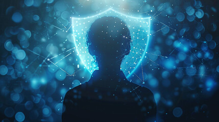 Digital identity shield user human face profile with blue data points, secure entry tech safety - obrazy, fototapety, plakaty