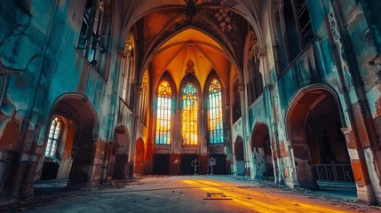 Photo sur Plexiglas Vieil immeuble Mystic empty gothic hallway with ornate stained glass windows in an old castle