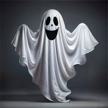 A 3d cartoon character ghost sheet on floor on the white background, looking cute, adorable and joyful.